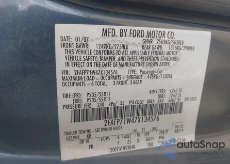 2007 Ford Crown Victoria Police/Police Interceptor z USA, uszkodzony, nr VIN 2FAFP71W47X134576